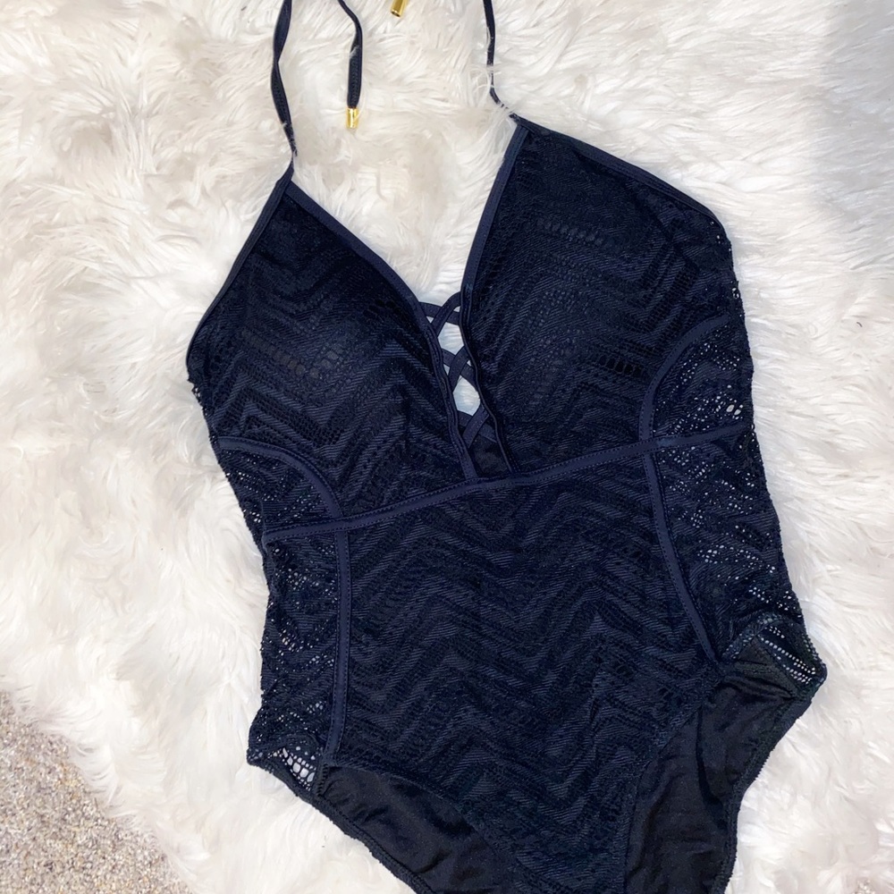 Black crochet one piece